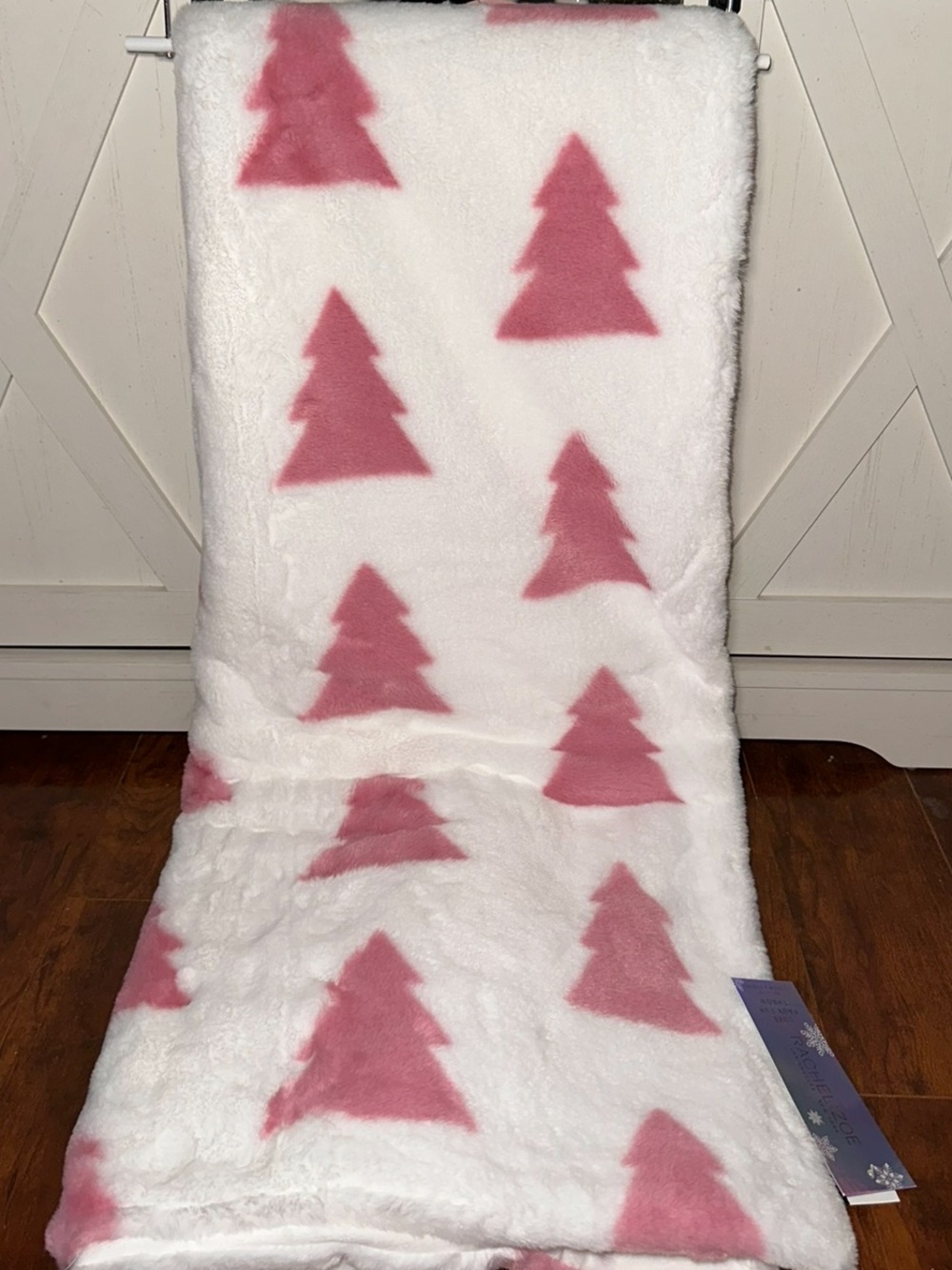 Rachel Zoe Cozy White Faux Fur Throw Blanket with Pink Christmas Tree Pattern